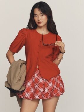 NWT Maeve by Anthropologie Red Puff-Sleeve Button-Front Top